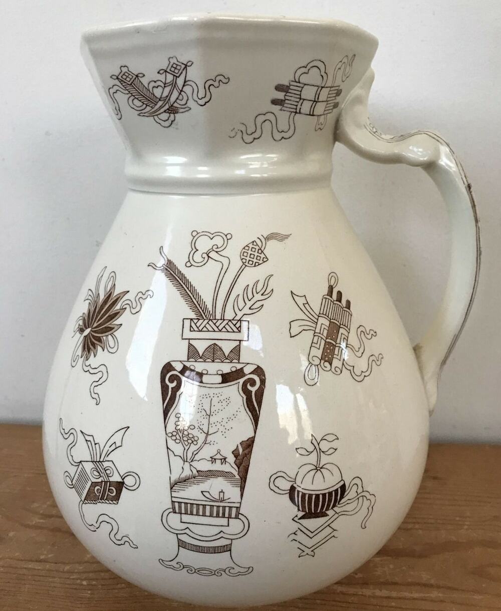1890s Antique Aesthetic Movement Transferware Ironstone Porcelain Pitcher Vase